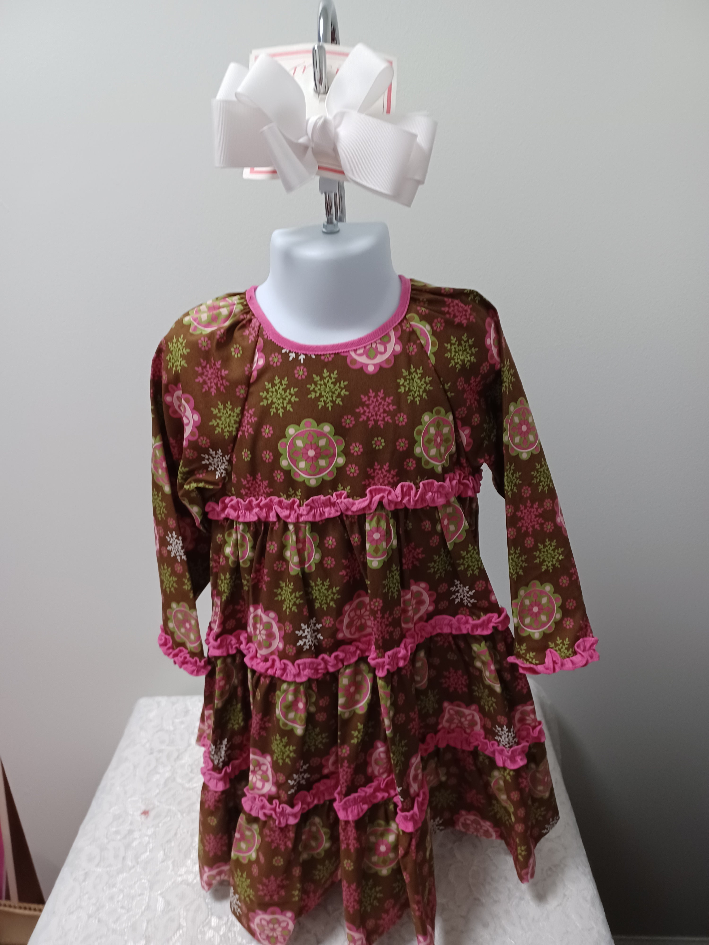 Pink Brown and Green Long Sleeve Smocked Ruffle Dress